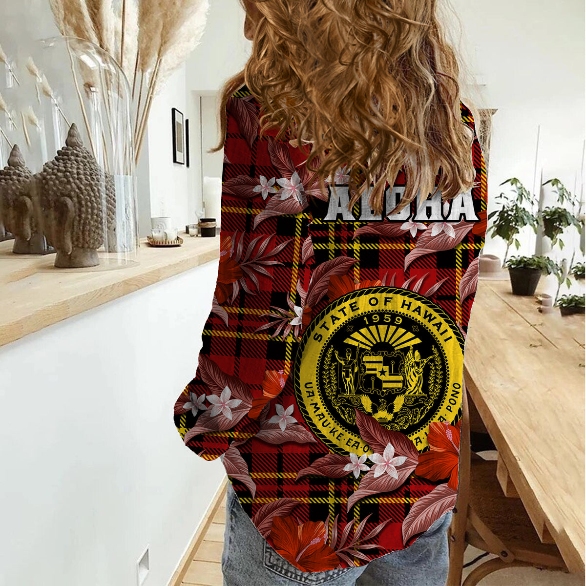 Hawaii State Women Casual Shirt Tropical Flowers Mix Tartan Red Version - Wonder Print Shop