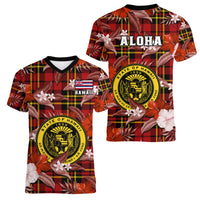 Hawaii State Women V Neck T Shirt Tropical Flowers Mix Tartan Red Version - Wonder Print Shop