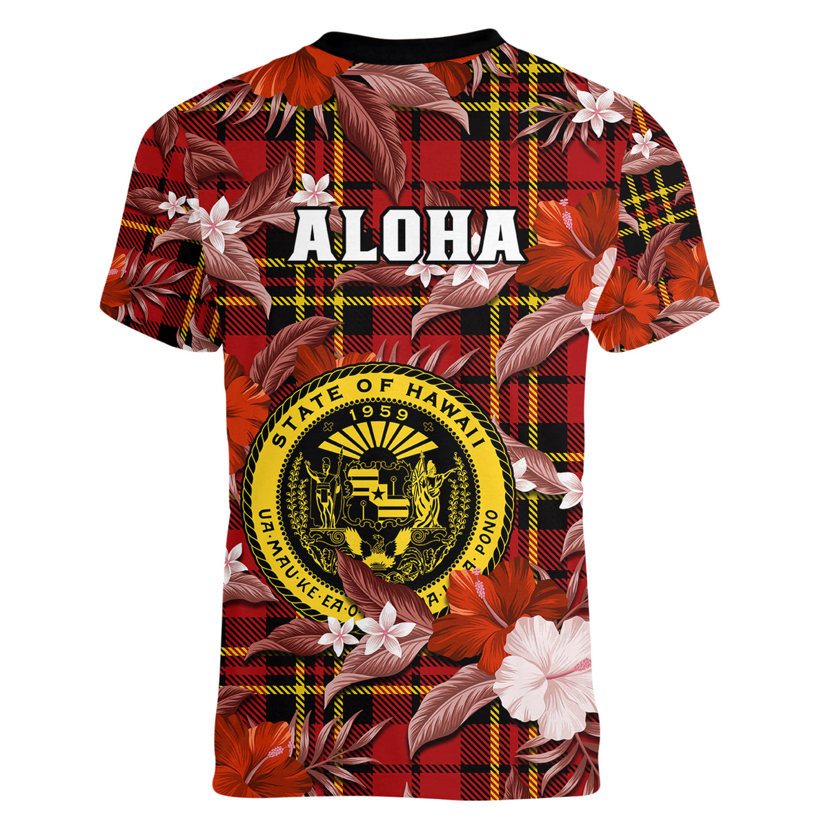 Hawaii State Women V Neck T Shirt Tropical Flowers Mix Tartan Red Version - Wonder Print Shop