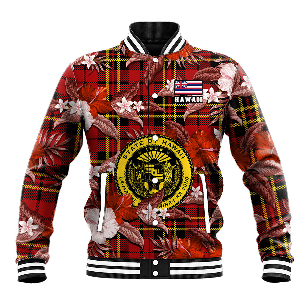 (Custom Personalised) Hawaii State Baseball Jacket Tropical Flowers Mix Tartan Red Version - Wonder Print Shop