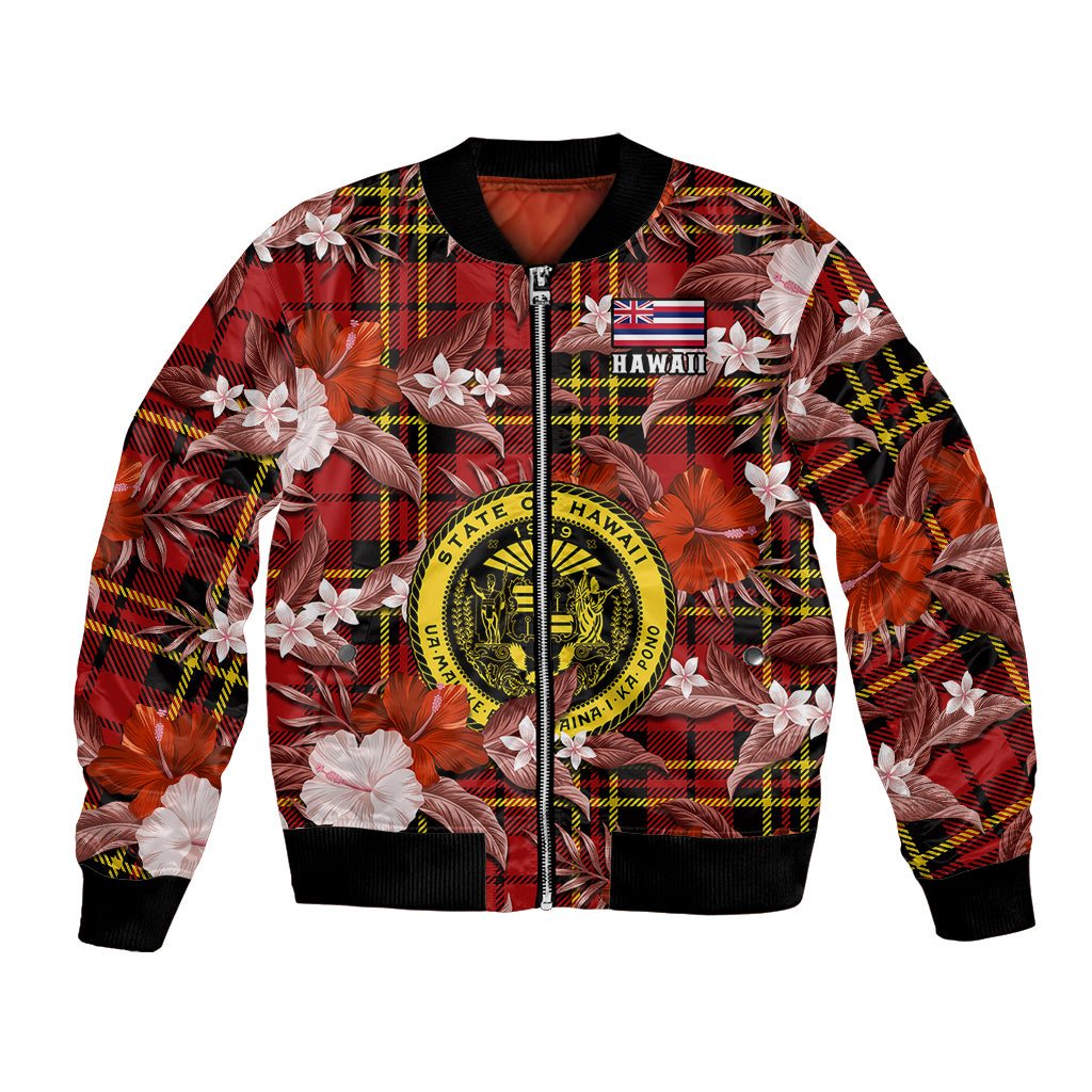 (Custom Personalised) Hawaii State Bomber Jacket Tropical Flowers Mix Tartan Red Version - Wonder Print Shop