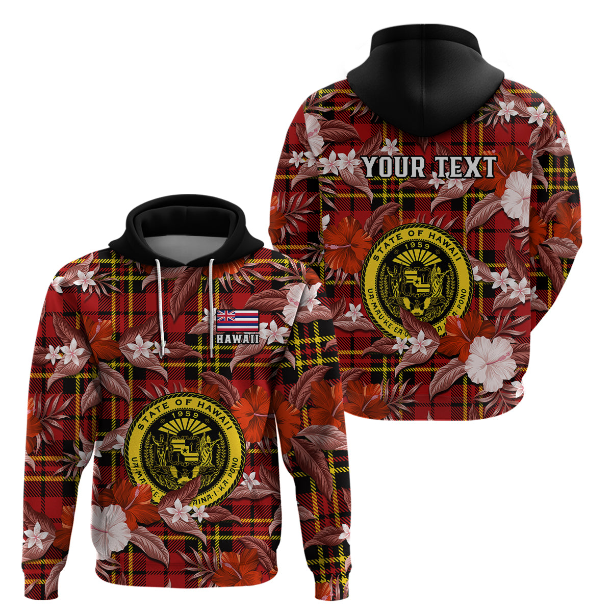 Custom Hawaii State Hoodie Tropical Flowers Mix Tartan Red Version - Wonder Print Shop