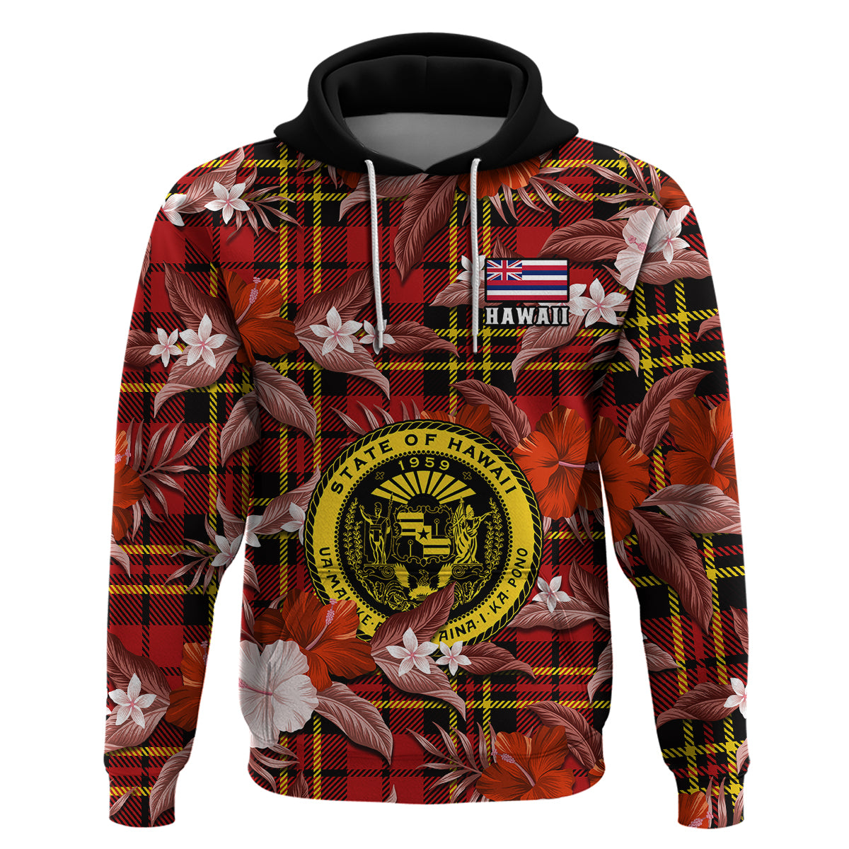 Custom Hawaii State Hoodie Tropical Flowers Mix Tartan Red Version - Wonder Print Shop
