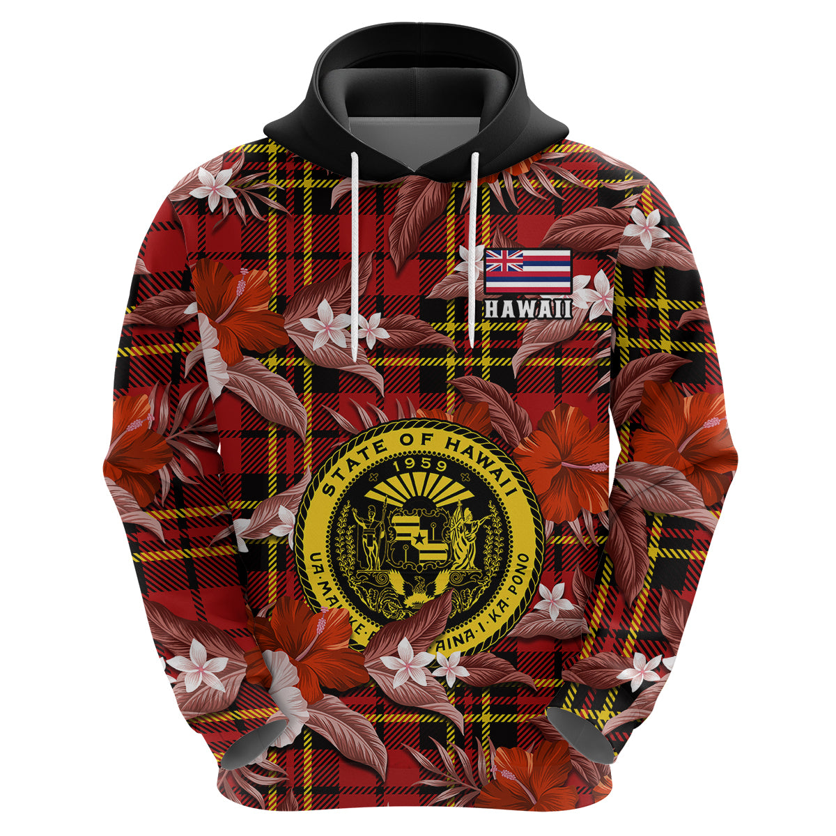 Custom Hawaii State Hoodie Tropical Flowers Mix Tartan Red Version - Wonder Print Shop