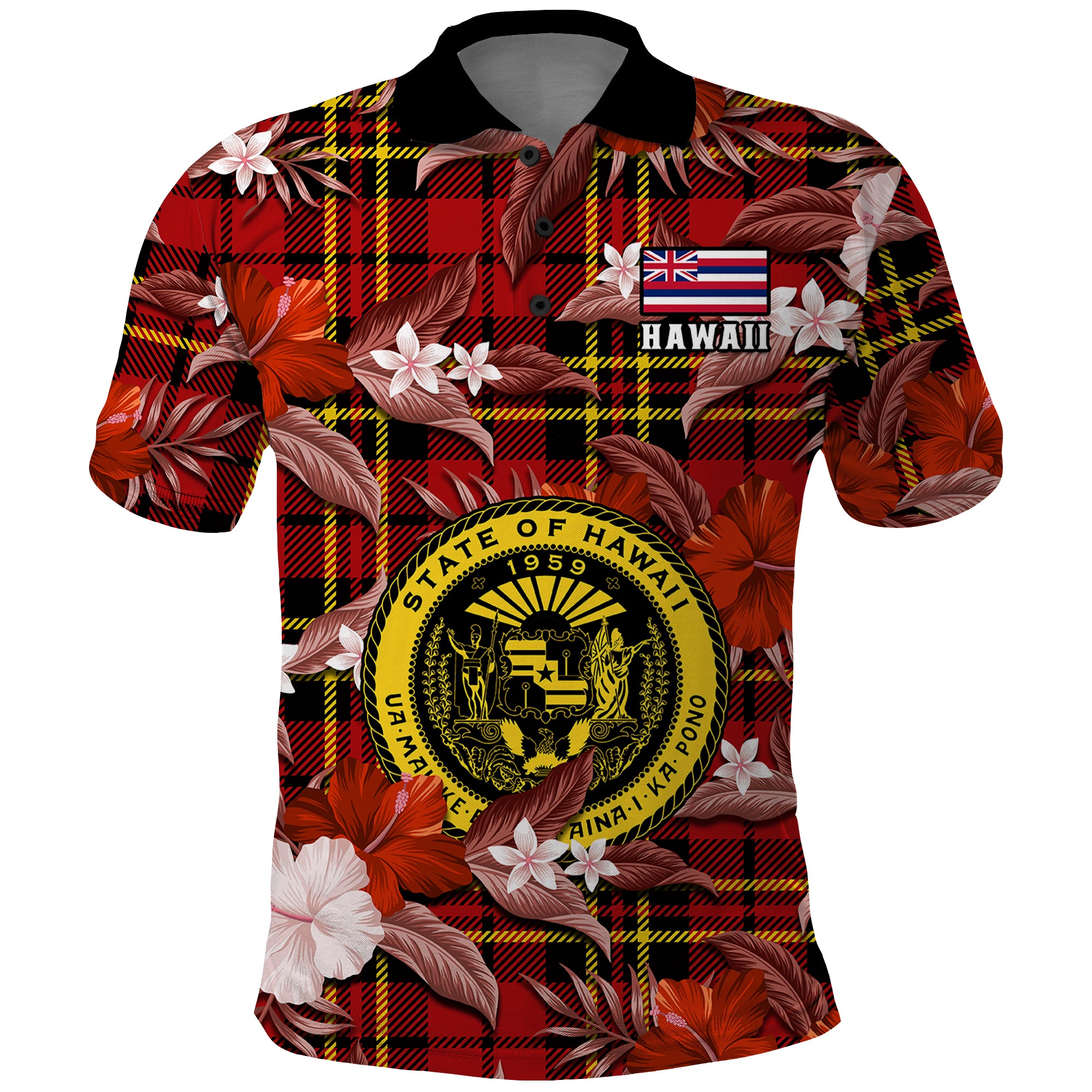 Custom Hawaii State Polo Shirt Tropical Flowers Mix Tartan Red Version - Wonder Print Shop