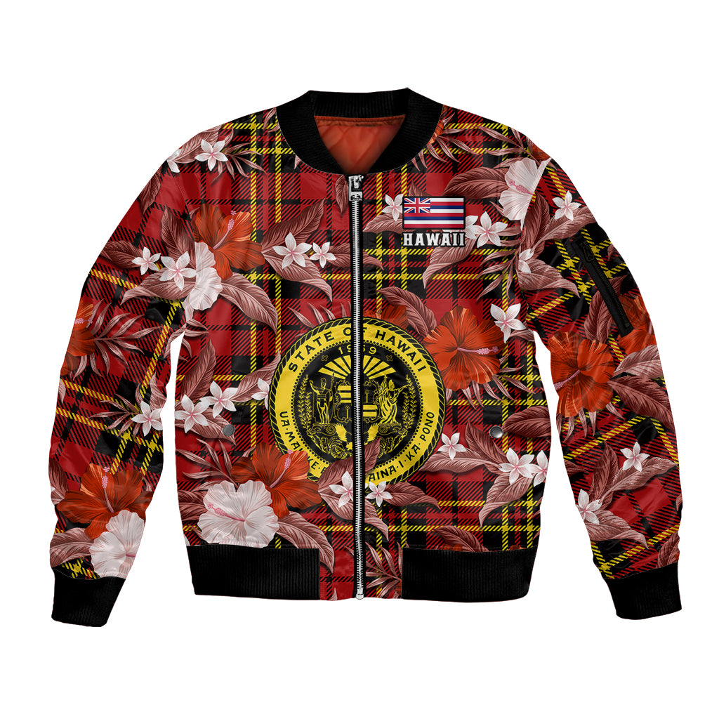 (Custom Personalised) Hawaii State Sleeve Zip Bomber Jacket Tropical Flowers Mix Tartan Red Version - Wonder Print Shop