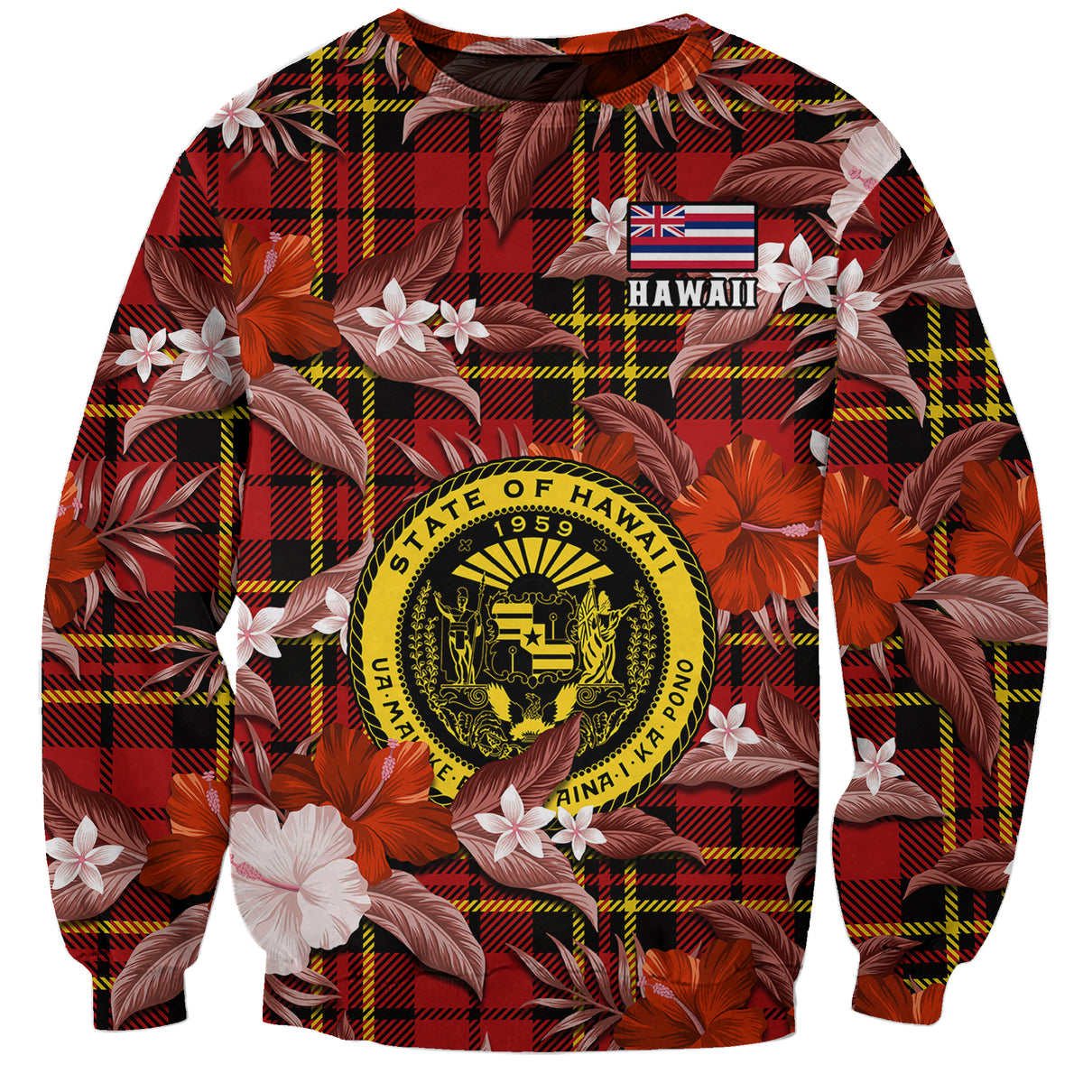 (Custom Personalised) Hawaii State Sweatshirt Tropical Flowers Mix Tartan Red Version - Wonder Print Shop