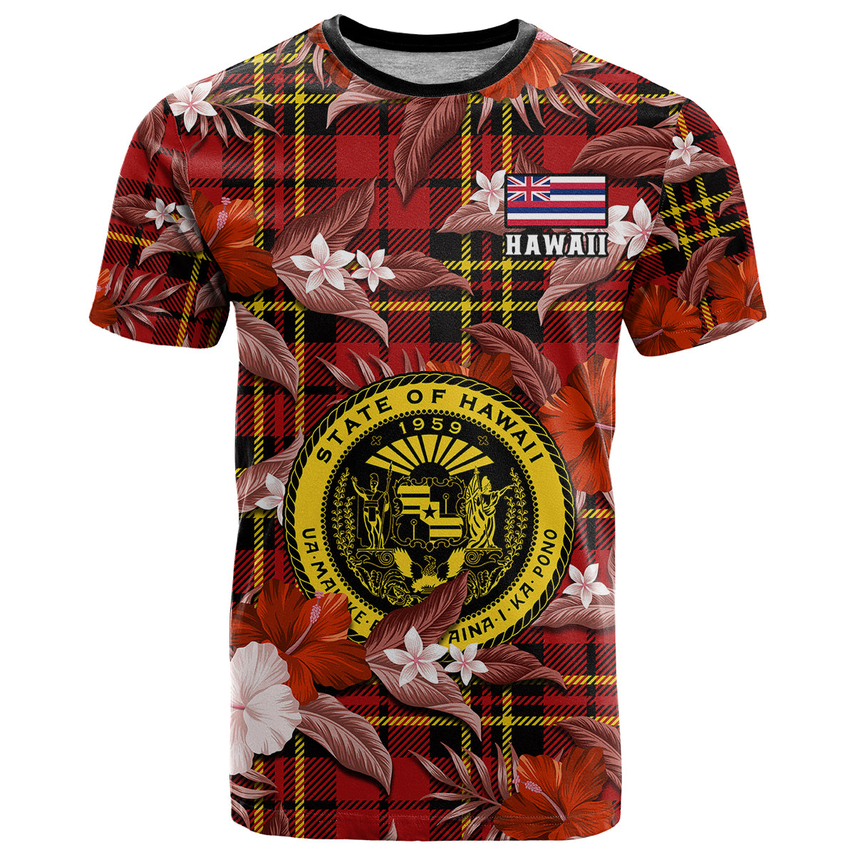 Custom Hawaii State T Shirt Tropical Flowers Mix Tartan Red Version - Wonder Print Shop