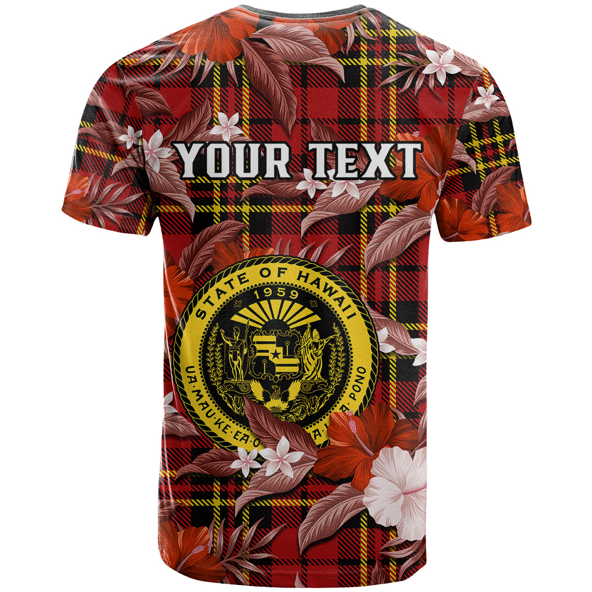 Custom Hawaii State T Shirt Tropical Flowers Mix Tartan Red Version - Wonder Print Shop