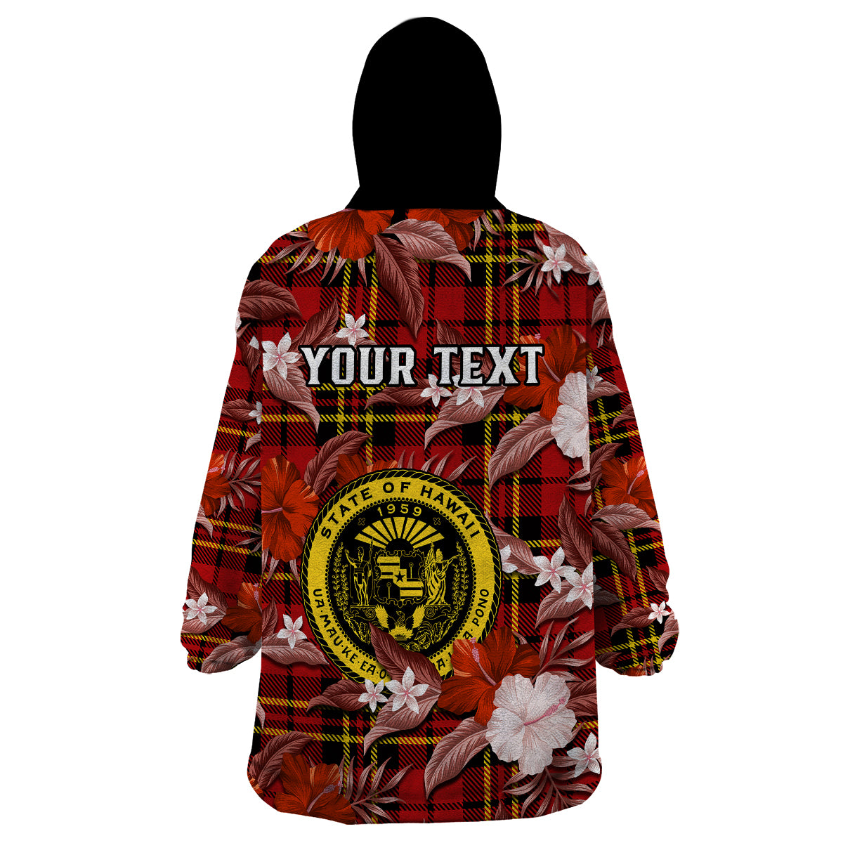 (Custom Personalised) Hawaii State Wearable Blanket Hoodie Tropical Flowers Mix Tartan Red Version - Wonder Print Shop
