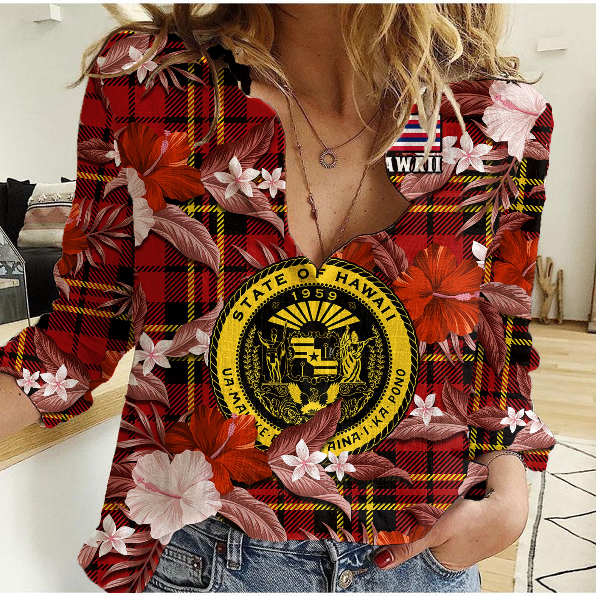 (Custom Personalised) Hawaii State Women Casual Shirt Tropical Flowers Mix Tartan Red Version - Wonder Print Shop
