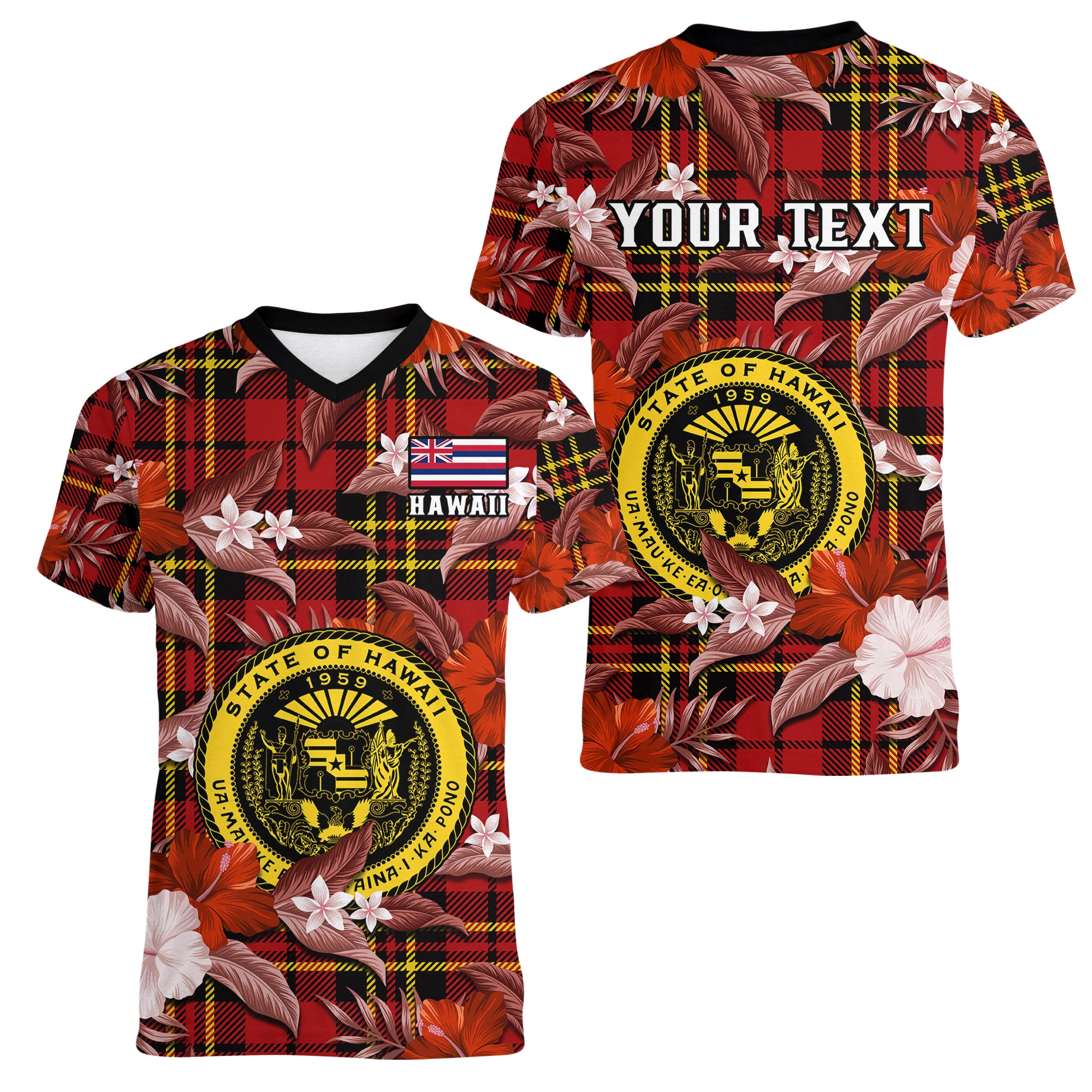 (Custom Personalised) Hawaii State Women V Neck T Shirt Tropical Flowers Mix Tartan Red Version - Wonder Print Shop