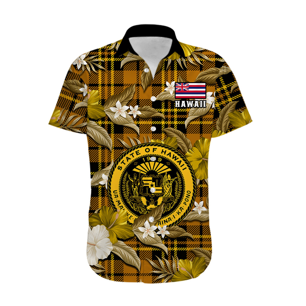 Hawaii State Hawaiian Shirt Tropical Flowers Mix Tartan Gold Version - Wonder Print Shop