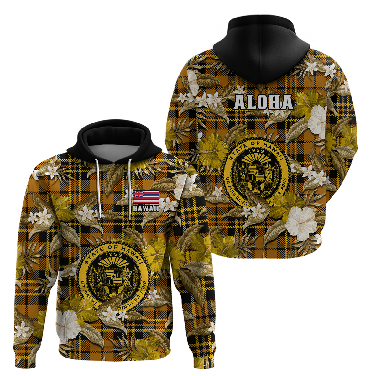 Hawaii State Hoodie Tropical Flowers Mix Tartan Gold Version - Wonder Print Shop