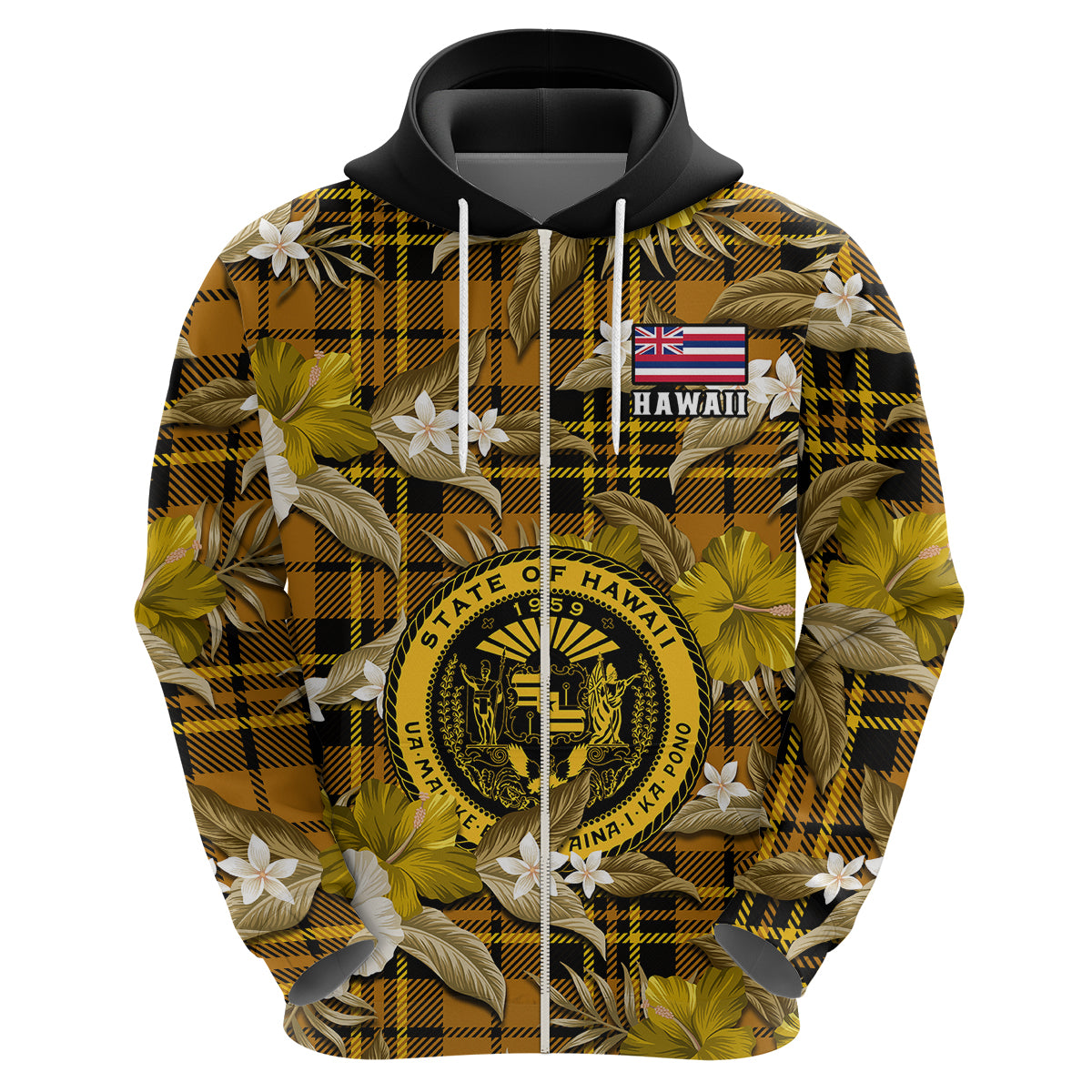Hawaii State Hoodie Tropical Flowers Mix Tartan Gold Version - Wonder Print Shop