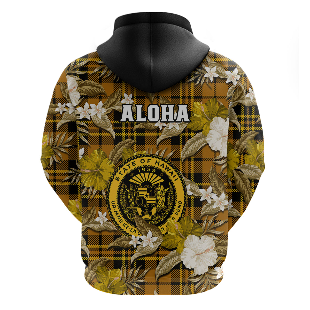 Hawaii State Hoodie Tropical Flowers Mix Tartan Gold Version - Wonder Print Shop