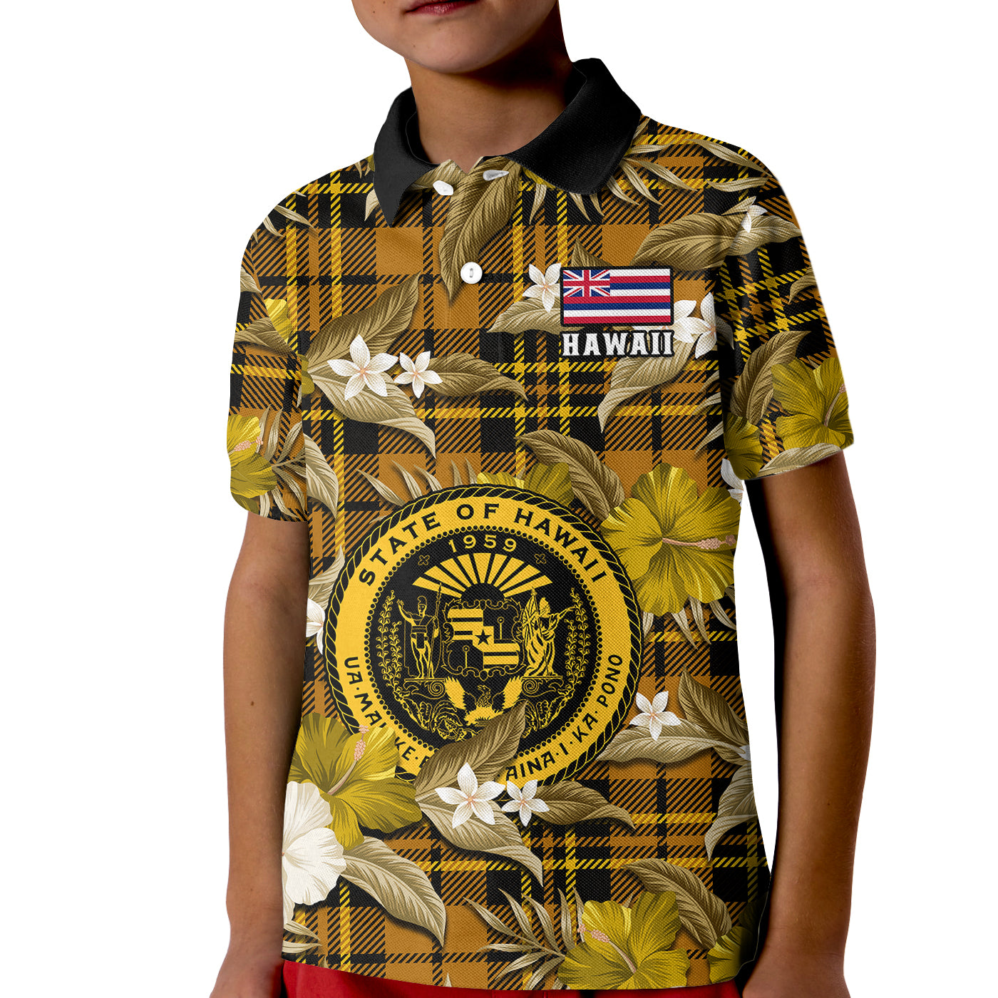 Hawaii State Polo Shirt for Kid Tropical Flowers Mix Tartan Gold Version - Wonder Print Shop