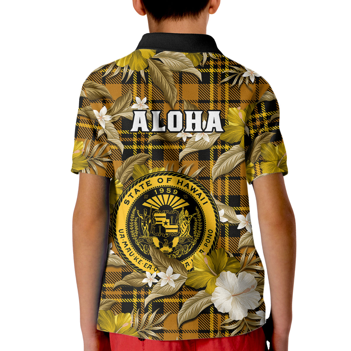 Hawaii State Polo Shirt for Kid Tropical Flowers Mix Tartan Gold Version - Wonder Print Shop