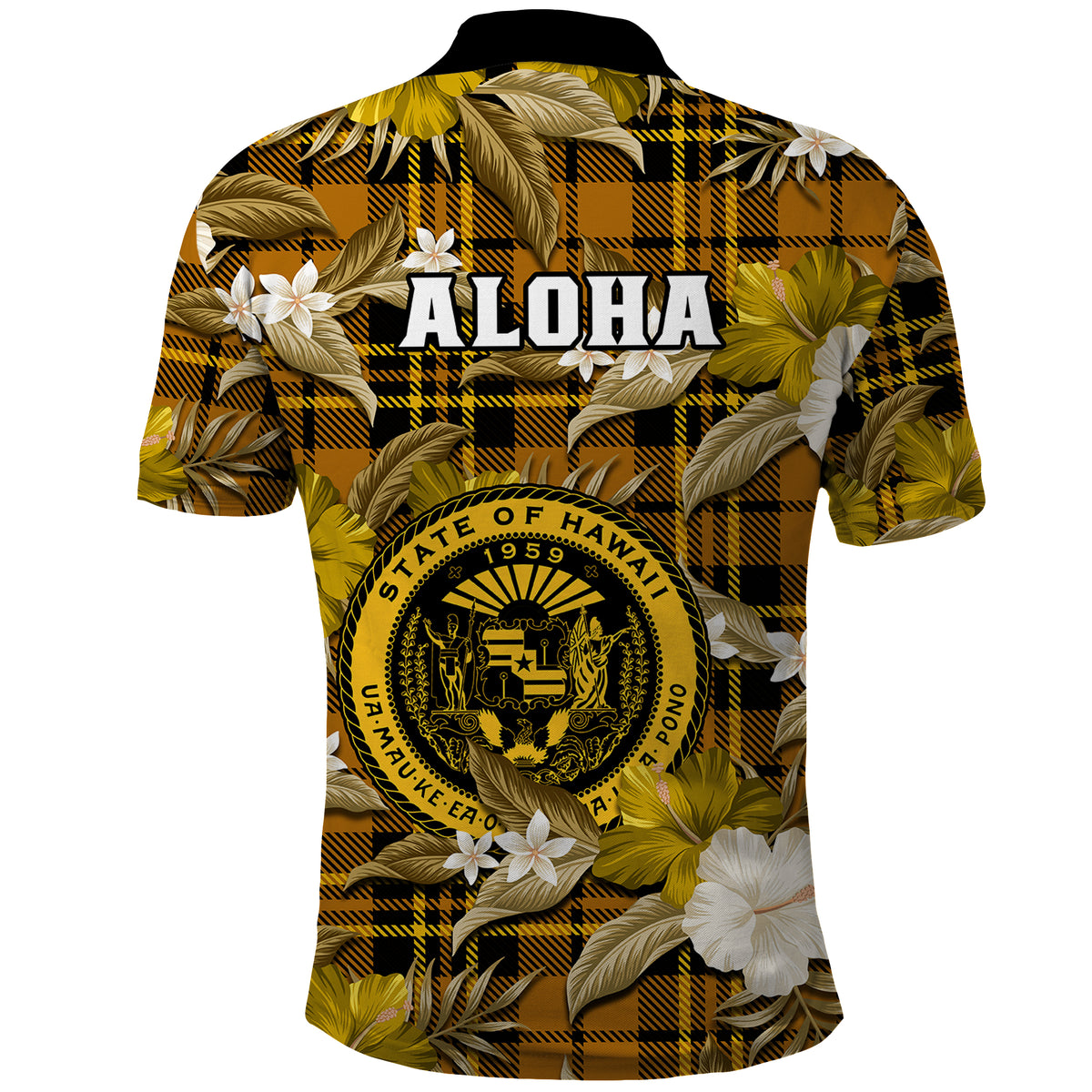 Hawaii State Polo Shirt Tropical Flowers Mix Tartan Gold Version - Wonder Print Shop