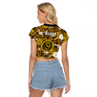 Hawaii State Raglan Cropped T Shirt Tropical Flowers Mix Tartan Gold Version - Wonder Print Shop
