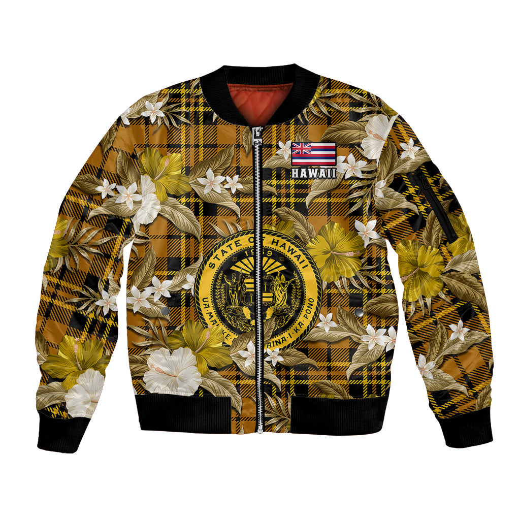 Hawaii State Sleeve Zip Bomber Jacket Tropical Flowers Mix Tartan Gold Version - Wonder Print Shop