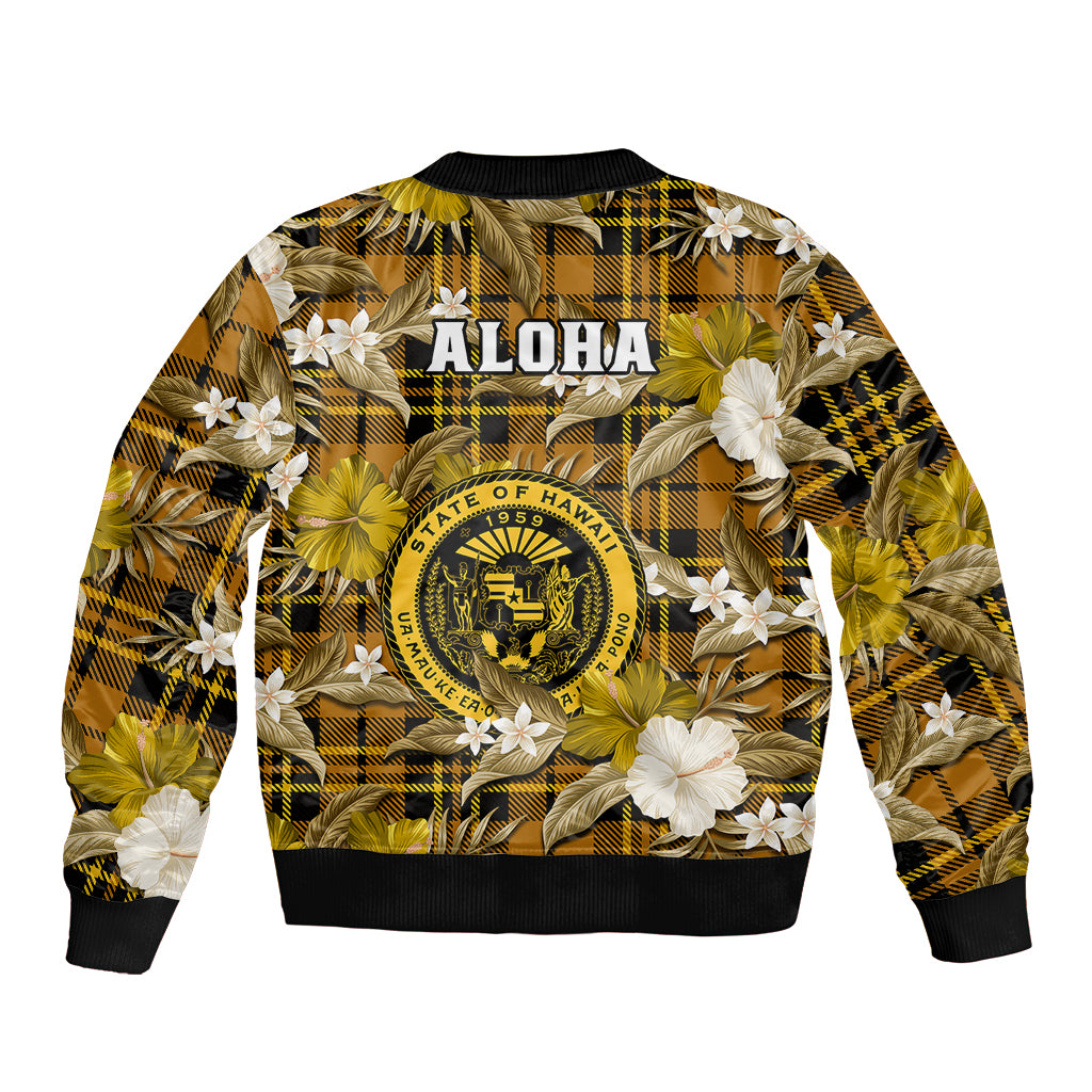 Hawaii State Sleeve Zip Bomber Jacket Tropical Flowers Mix Tartan Gold Version - Wonder Print Shop