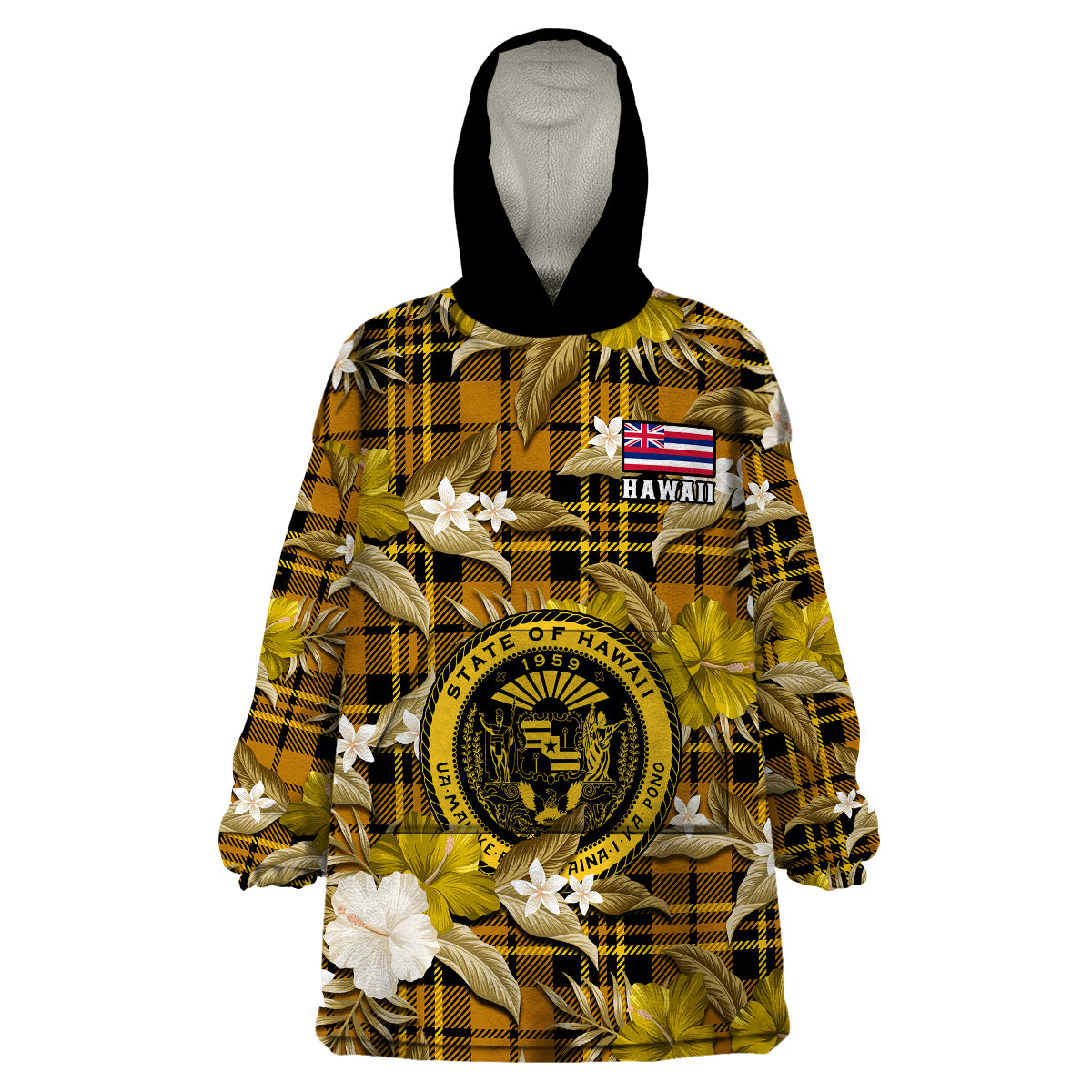 Hawaii State Wearable Blanket Hoodie Tropical Flowers Mix Tartan Gold Version - Wonder Print Shop