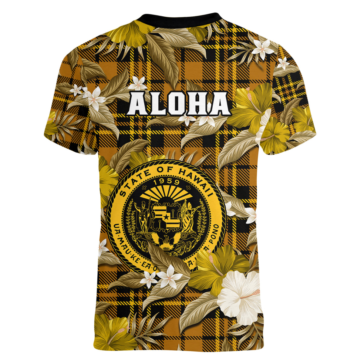 Hawaii State Women V Neck T Shirt Tropical Flowers Mix Tartan Gold Version - Wonder Print Shop
