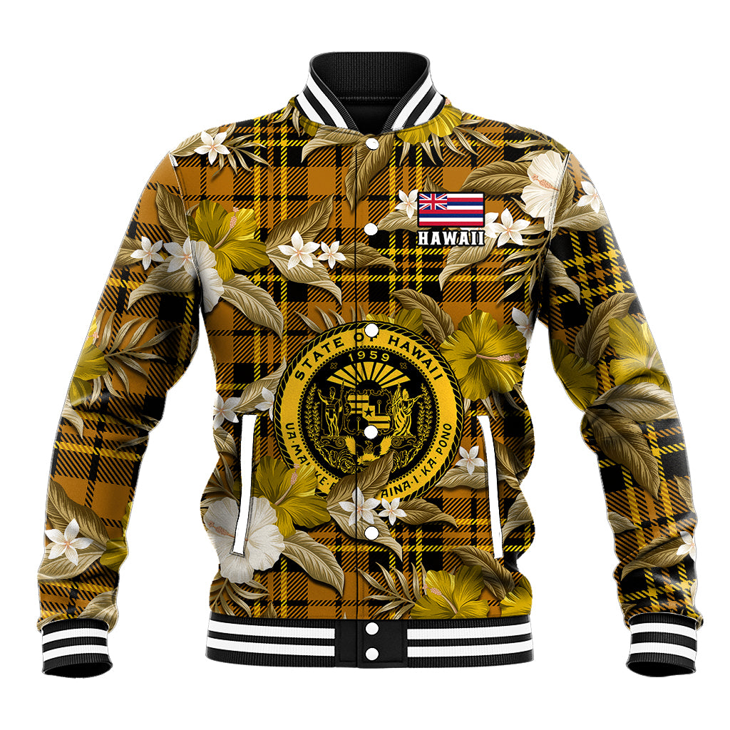 (Custom Personalised) Hawaii State Baseball Jacket Tropical Flowers Mix Tartan Gold Version - Wonder Print Shop