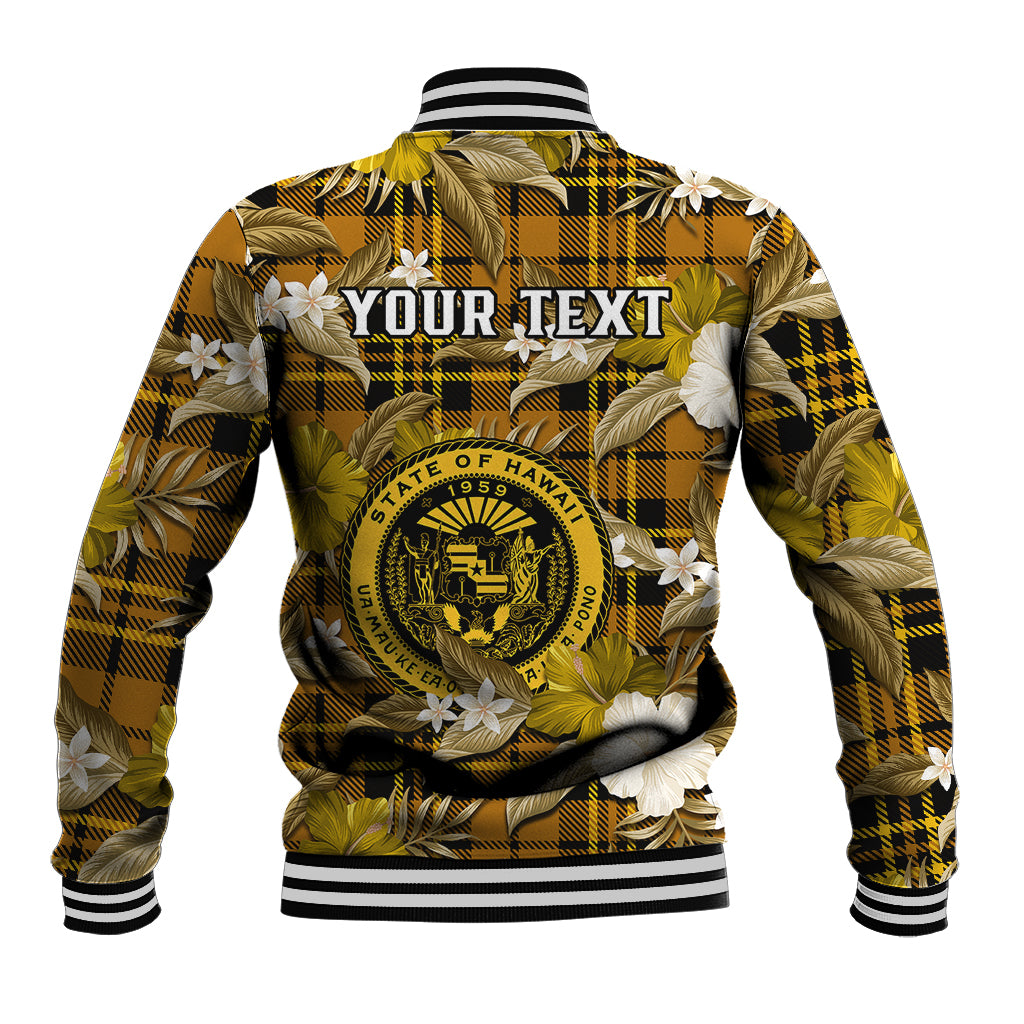 (Custom Personalised) Hawaii State Baseball Jacket Tropical Flowers Mix Tartan Gold Version - Wonder Print Shop