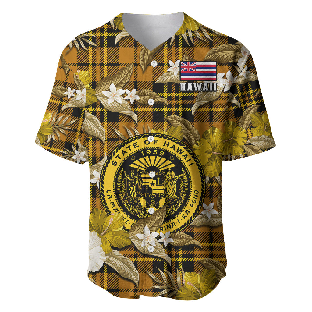 (Custom Personalised) Hawaii State Baseball Jersey Tropical Flowers Mix Tartan Gold Version - Wonder Print Shop