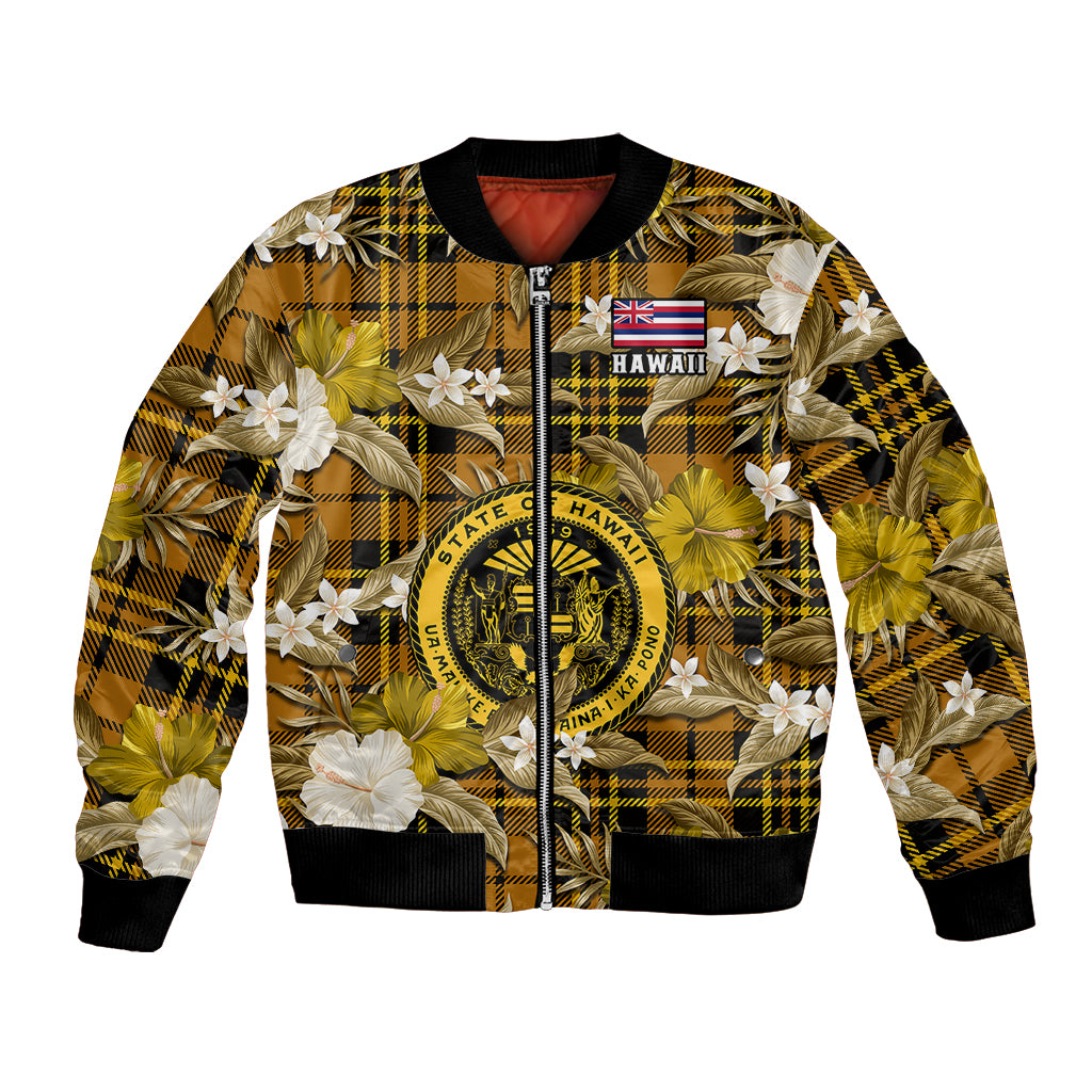 (Custom Personalised) Hawaii State Bomber Jacket Tropical Flowers Mix Tartan Gold Version - Wonder Print Shop