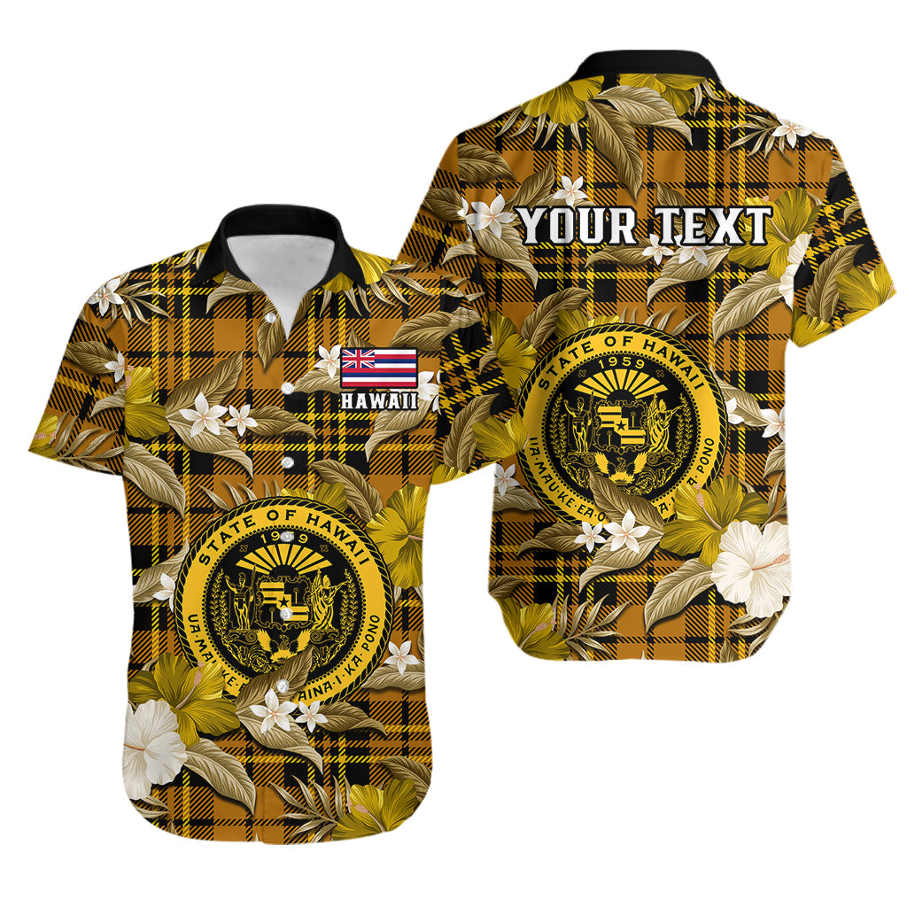 (Custom Personalised) Hawaii State Hawaiian Shirt Tropical Flowers Mix Tartan Gold Version - Wonder Print Shop