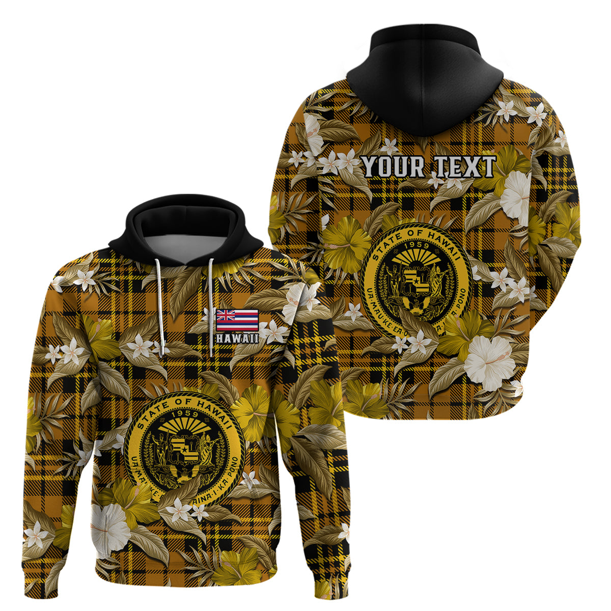 Custom Hawaii State Hoodie Tropical Flowers Mix Tartan Gold Version - Wonder Print Shop