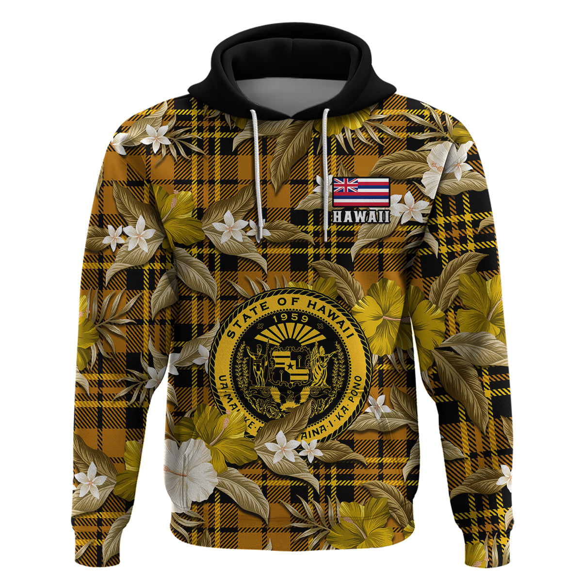 Custom Hawaii State Hoodie Tropical Flowers Mix Tartan Gold Version - Wonder Print Shop