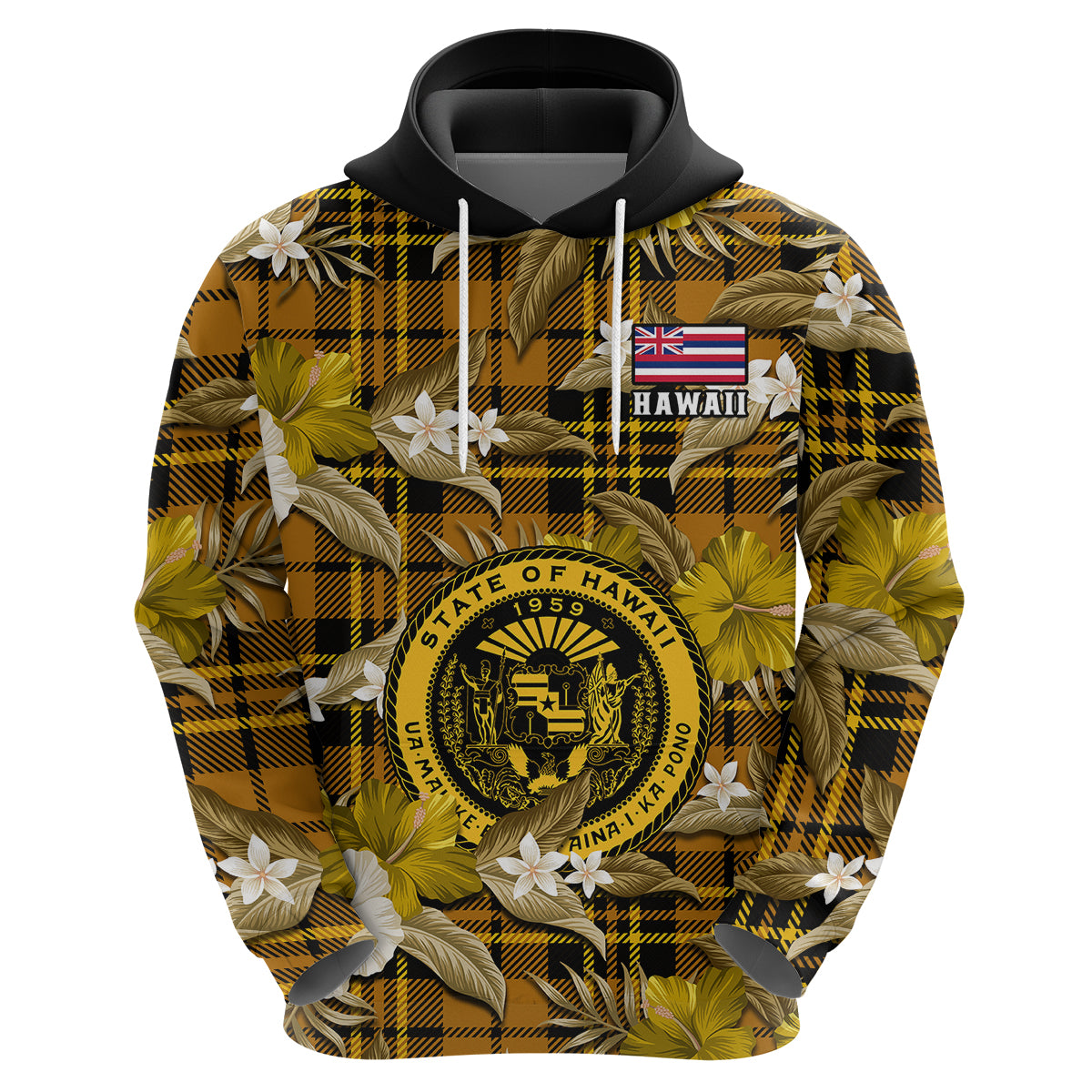 Custom Hawaii State Hoodie Tropical Flowers Mix Tartan Gold Version - Wonder Print Shop