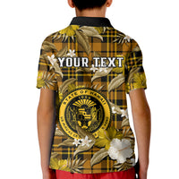 Custom Hawaii State Polo Shirt for Kid Tropical Flowers Mix Tartan Gold Version - Wonder Print Shop