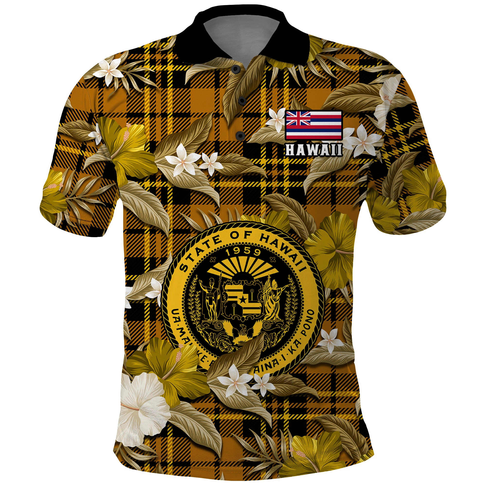 Custom Hawaii State Polo Shirt Tropical Flowers Mix Tartan Gold Version - Wonder Print Shop