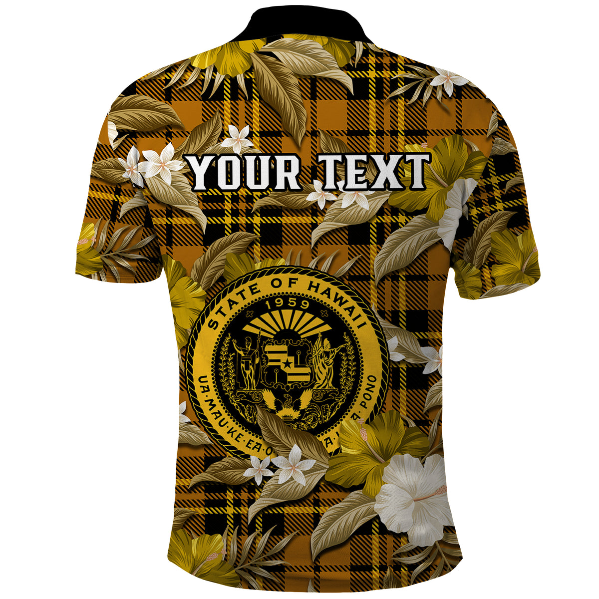 Custom Hawaii State Polo Shirt Tropical Flowers Mix Tartan Gold Version - Wonder Print Shop