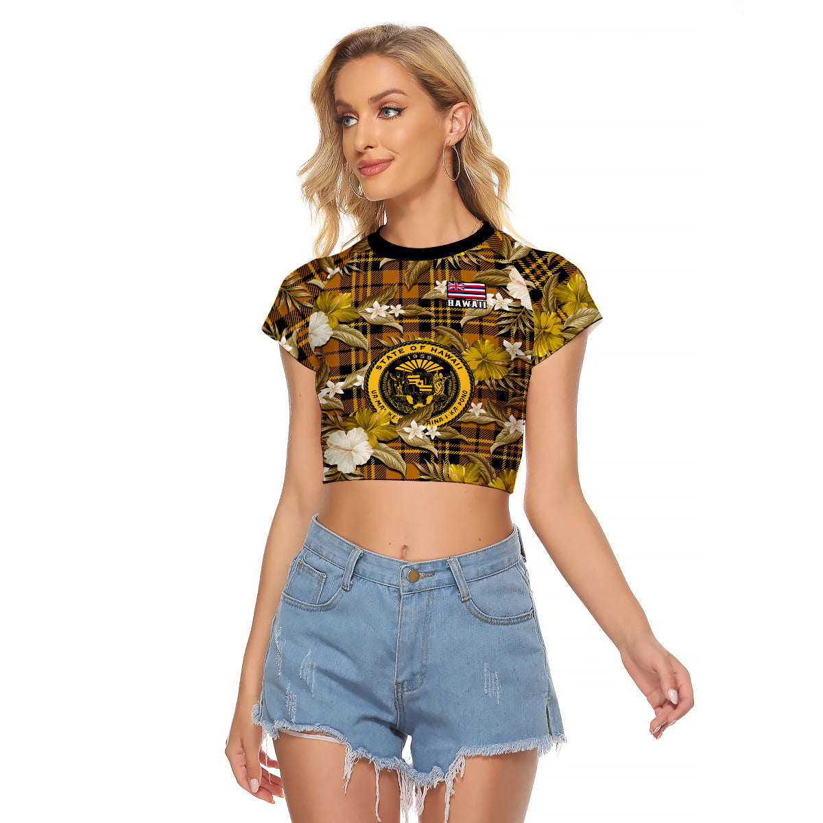 (Custom Personalised) Hawaii State Raglan Cropped T Shirt Tropical Flowers Mix Tartan Gold Version - Wonder Print Shop