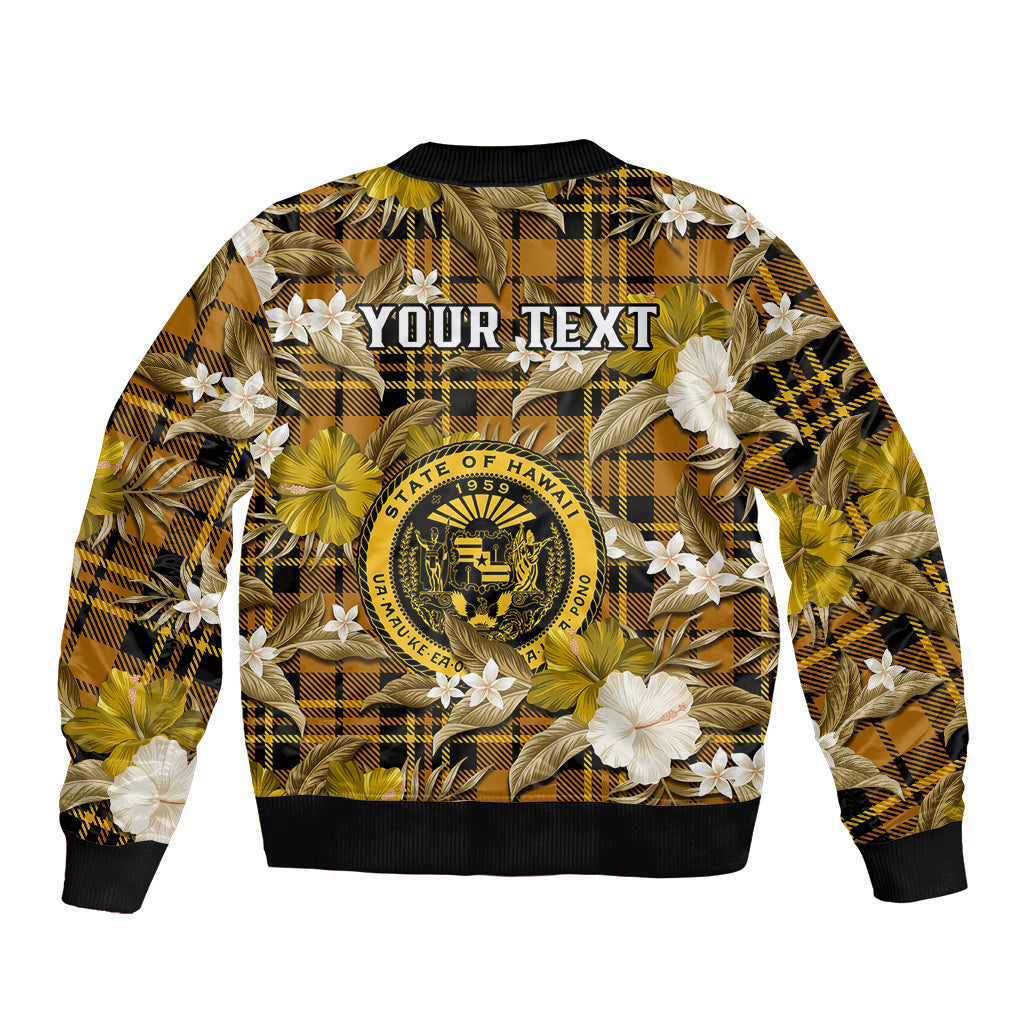 (Custom Personalised) Hawaii State Sleeve Zip Bomber Jacket Tropical Flowers Mix Tartan Gold Version - Wonder Print Shop