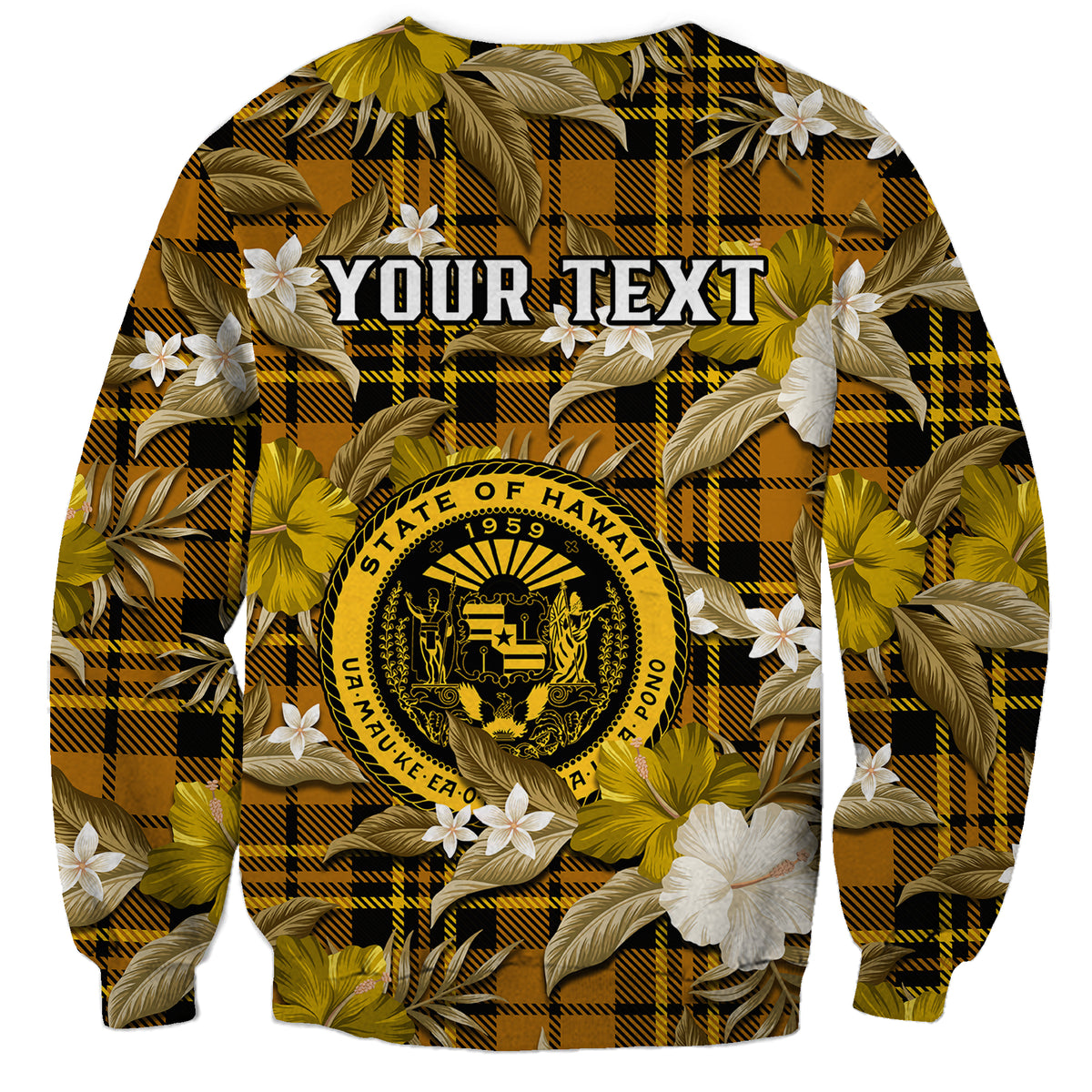 (Custom Personalised) Hawaii State Sweatshirt Tropical Flowers Mix Tartan Gold Version - Wonder Print Shop