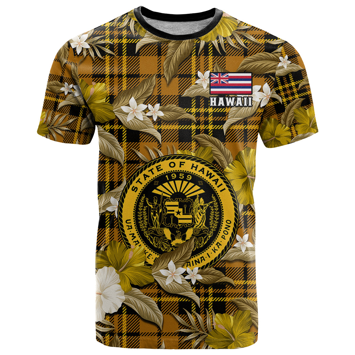 Custom Hawaii State T Shirt Tropical Flowers Mix Tartan Gold Version - Wonder Print Shop