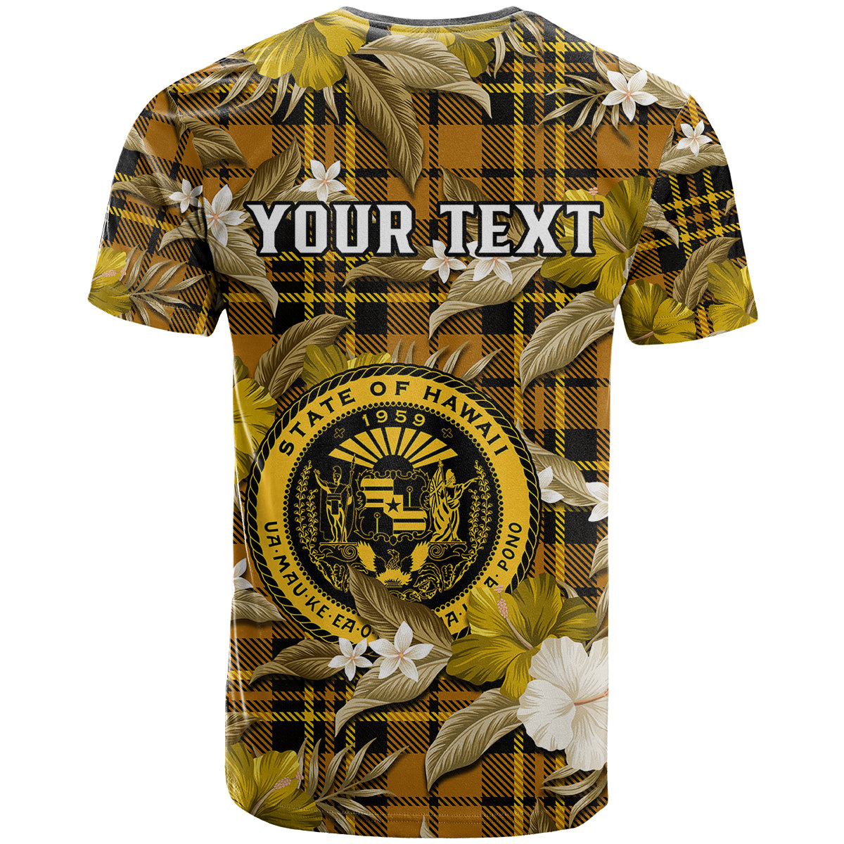 Custom Hawaii State T Shirt Tropical Flowers Mix Tartan Gold Version - Wonder Print Shop