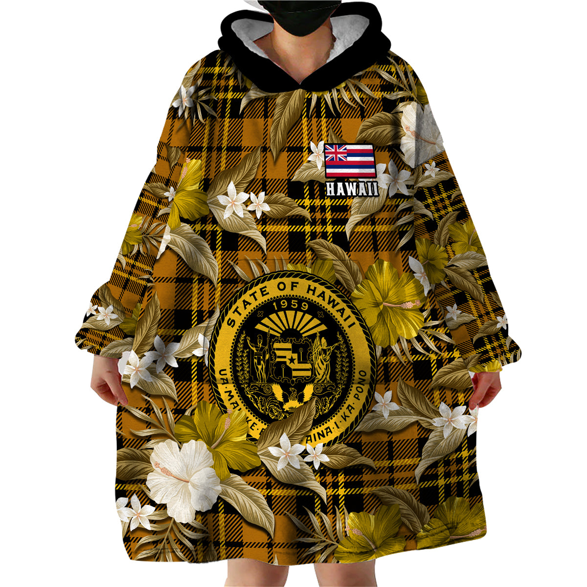 (Custom Personalised) Hawaii State Wearable Blanket Hoodie Tropical Flowers Mix Tartan Gold Version - Wonder Print Shop