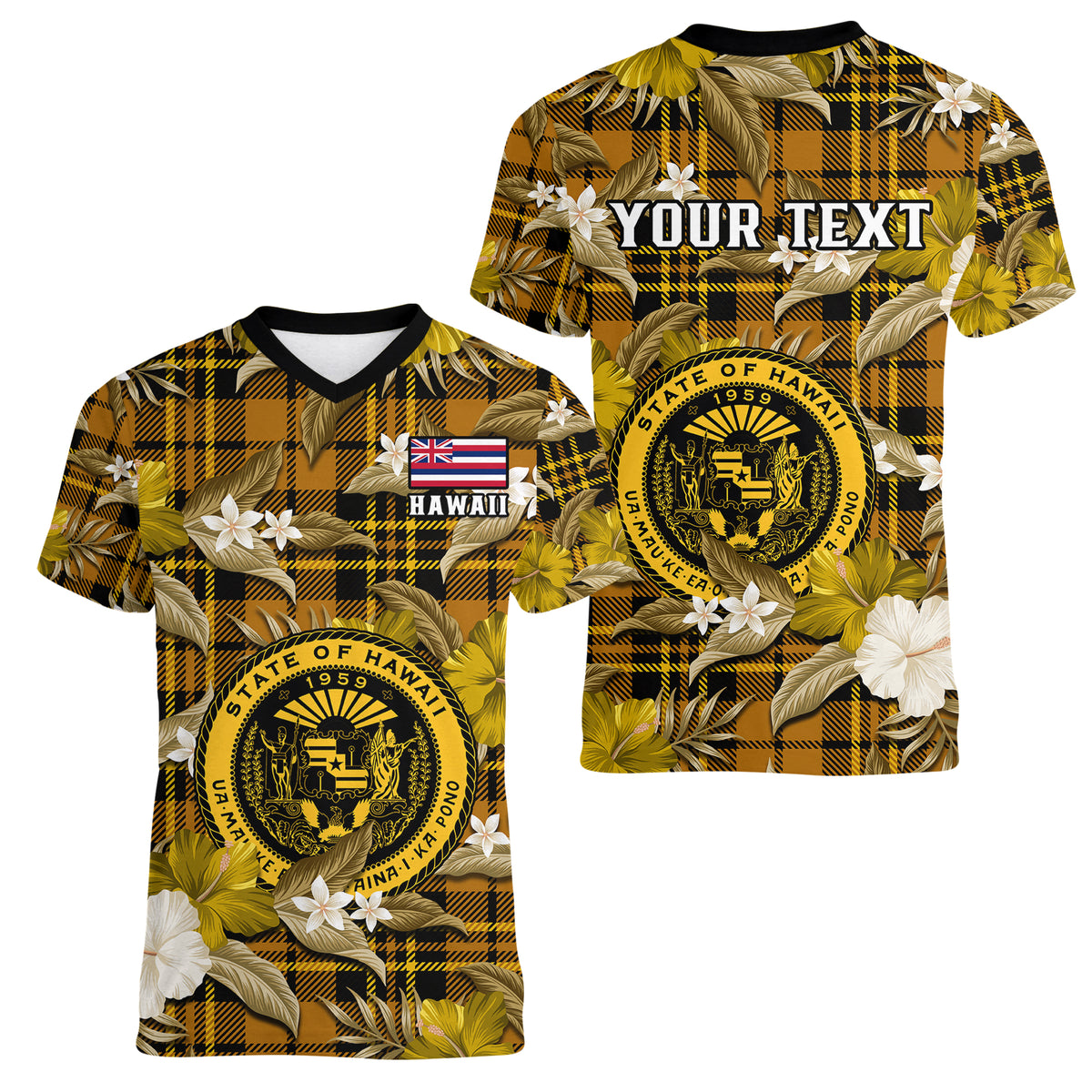 (Custom Personalised) Hawaii State Women V Neck T Shirt Tropical Flowers Mix Tartan Gold Version - Wonder Print Shop