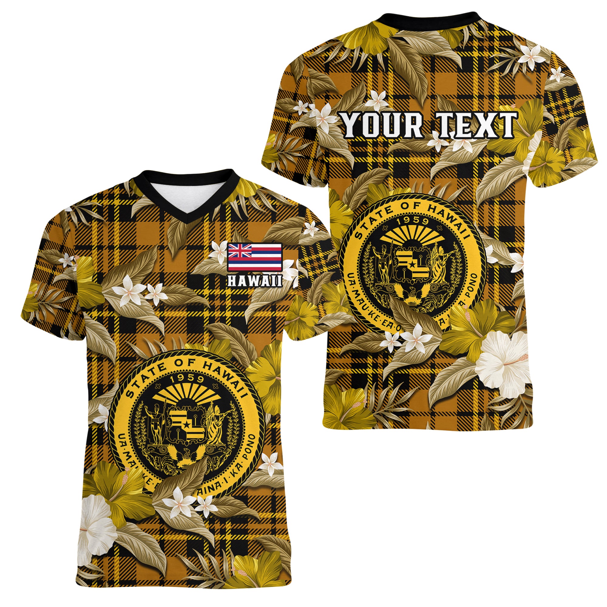 (Custom Personalised) Hawaii State Women V Neck T Shirt Tropical Flowers Mix Tartan Gold Version - Wonder Print Shop