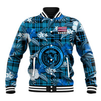Hawaii State Baseball Jacket Tropical Flowers Mix Tartan Blue Version - Wonder Print Shop