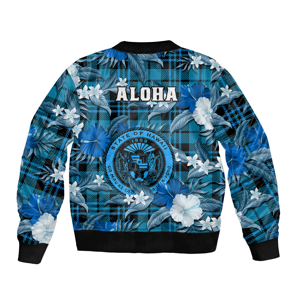 Hawaii State Bomber Jacket Tropical Flowers Mix Tartan Blue Version - Wonder Print Shop