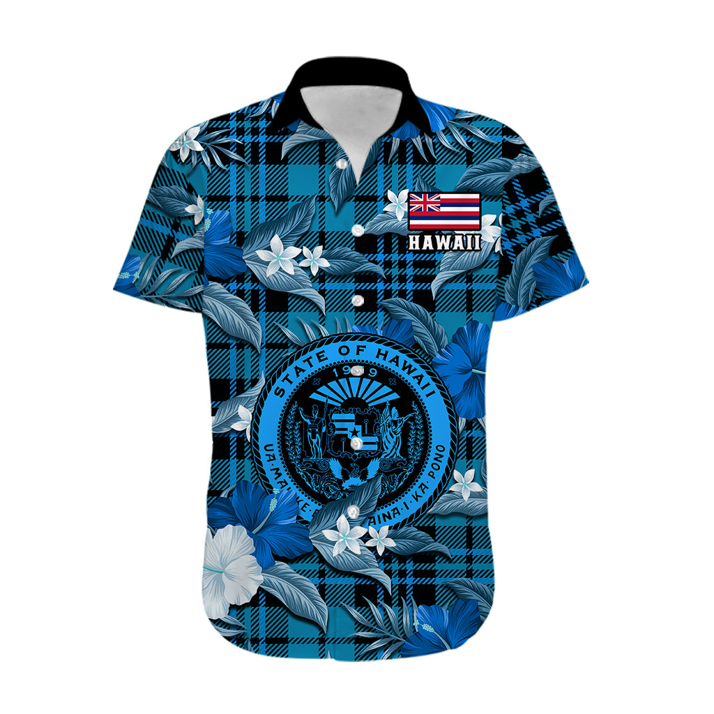 Hawaii State Hawaiian Shirt Tropical Flowers Mix Tartan Blue Version - Wonder Print Shop